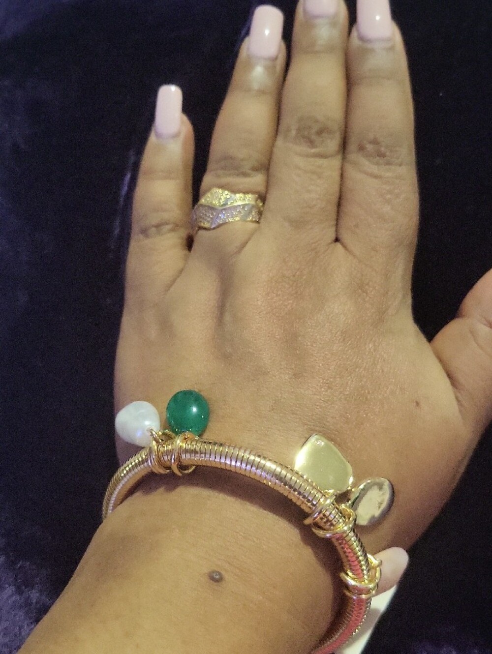 Gold Charm Bangle Bracelet with Green Enamel and Pearl Accents